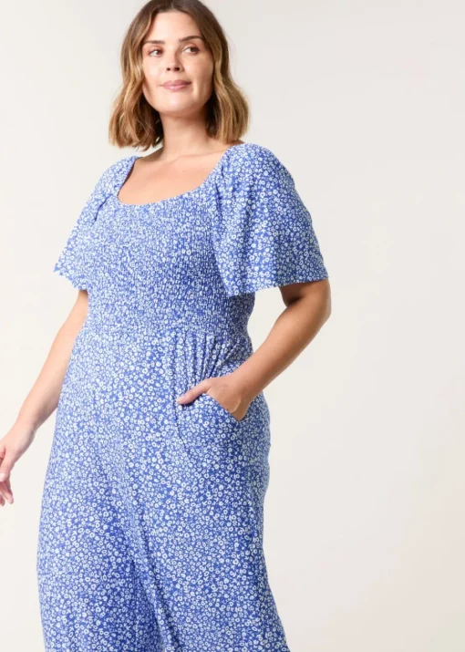Blue Vanilla Blue Curve Square Neck Shirred Jumpsuit