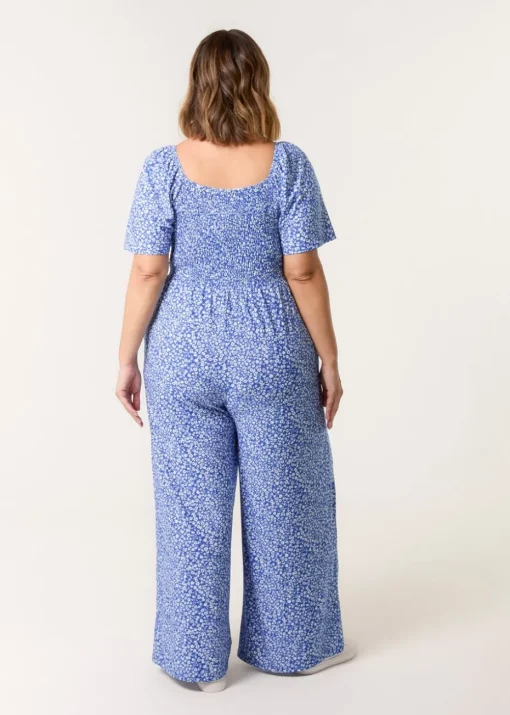 Blue Vanilla Blue Curve Square Neck Shirred Jumpsuit