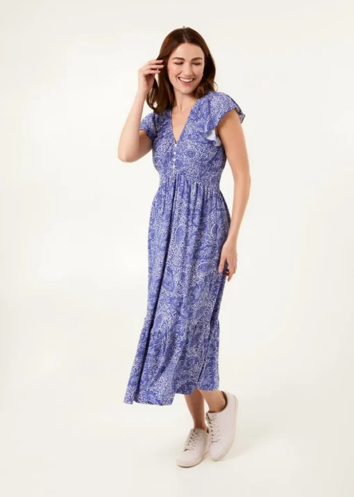 Blue Vanilla Blue Frill Sleeve V Neck Button Front Midi Dress