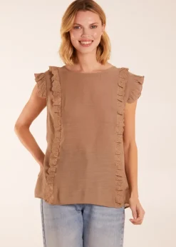 Blue Vanilla Brown Button Back Frill Top