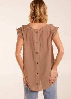 Blue Vanilla Brown Button Back Frill Top