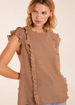 Blue Vanilla Brown Button Back Frill Top