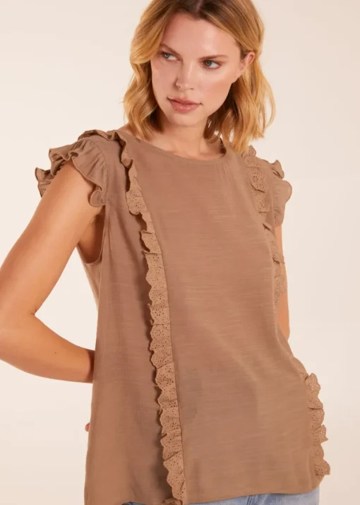 Blue Vanilla Brown Button Back Frill Top