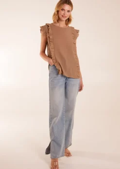 Blue Vanilla Brown Button Back Frill Top