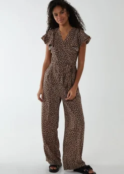 Blue Vanilla Brown Jumpsuit With Ruffle Sleeve And Wrap Front