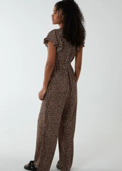Blue Vanilla Brown Jumpsuit With Ruffle Sleeve And Wrap Front