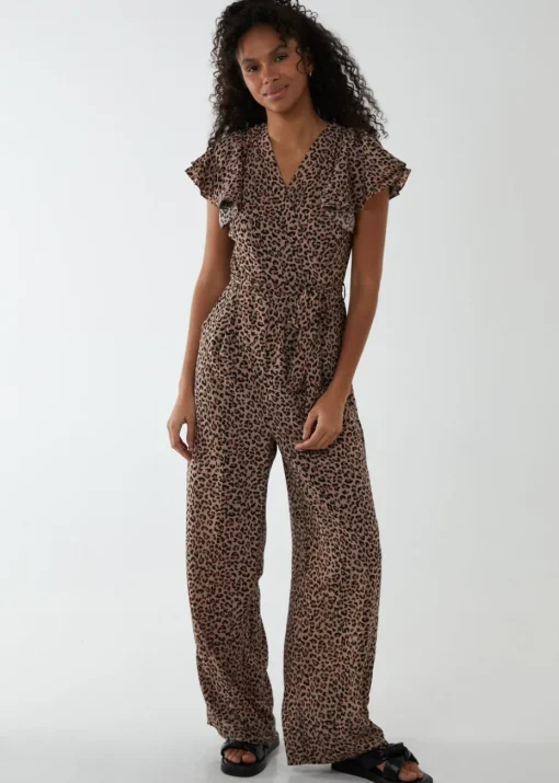 Blue Vanilla Brown Jumpsuit With Ruffle Sleeve And Wrap Front