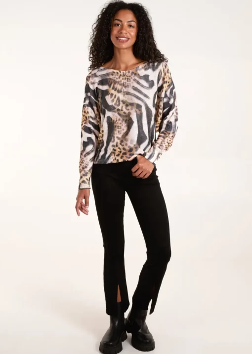 Blue Vanilla Brown Leopard Abstract Fine Knit Jumper