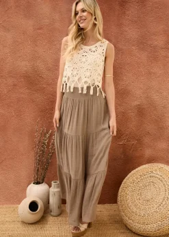 Blue Vanilla Brown Shirring Waist Tiered Maxi Skirt