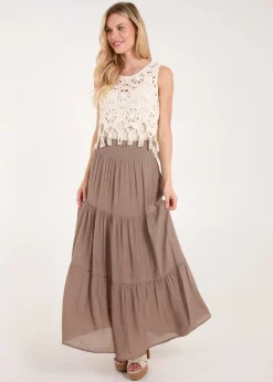 Blue Vanilla Brown Shirring Waist Tiered Maxi Skirt