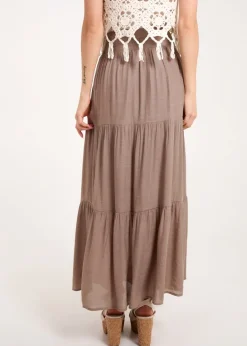Blue Vanilla Brown Shirring Waist Tiered Maxi Skirt