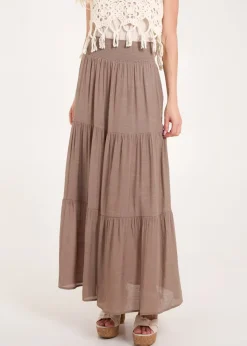 Blue Vanilla Brown Shirring Waist Tiered Maxi Skirt