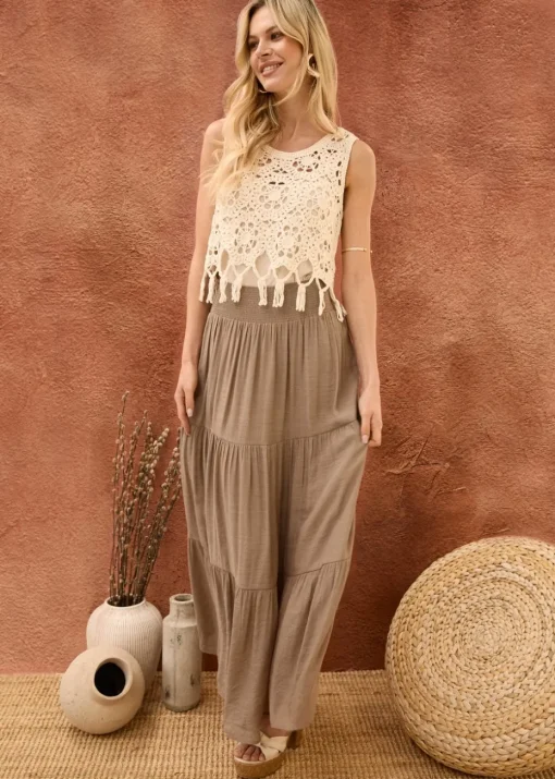 Blue Vanilla Brown Shirring Waist Tiered Maxi Skirt