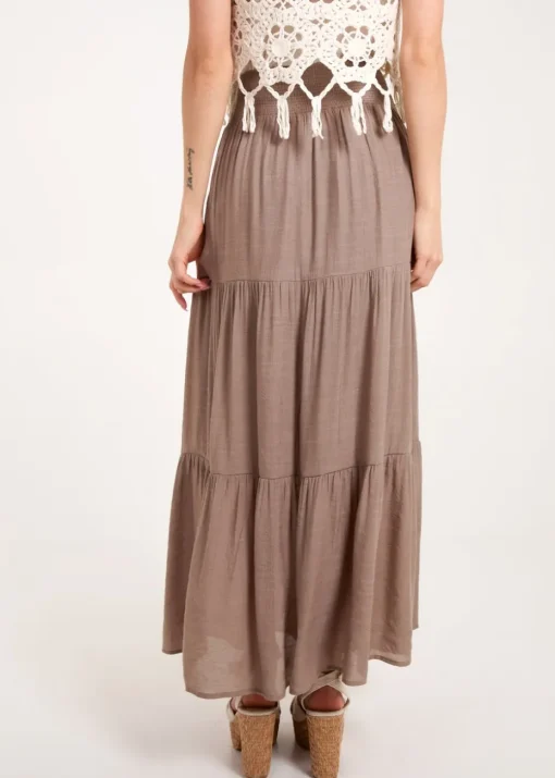Blue Vanilla Brown Shirring Waist Tiered Maxi Skirt