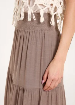 Blue Vanilla Brown Shirring Waist Tiered Maxi Skirt