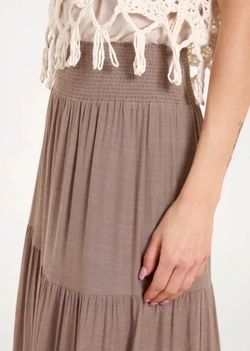 Blue Vanilla Brown Shirring Waist Tiered Maxi Skirt