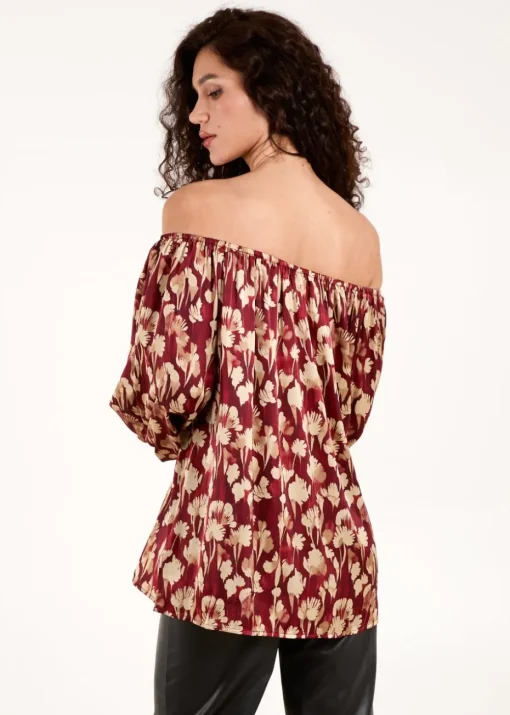 Blue Vanilla Burgundy Floral Ruched Sleeve Bardot Blouse