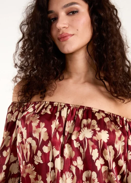 Blue Vanilla Burgundy Floral Ruched Sleeve Bardot Blouse