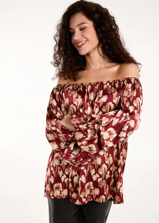 Blue Vanilla Burgundy Floral Ruched Sleeve Bardot Blouse