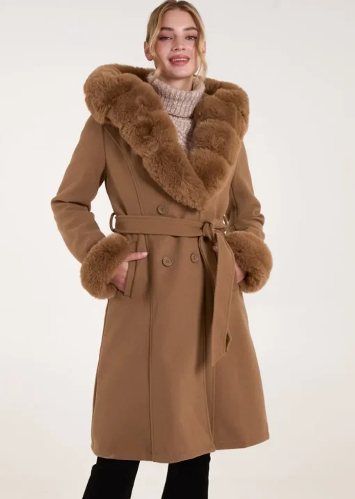Blue Vanilla Camel Faux Fur Trim Double Breasted Coat