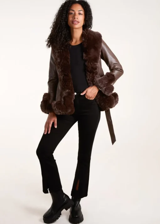 Blue Vanilla Chocolate Faux Fur PU Coat With Belt