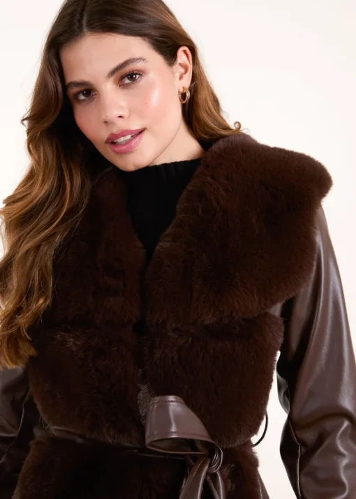 Blue Vanilla Chocolate Panel Fur PU Belted Coat