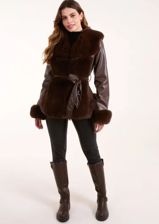 Blue Vanilla Chocolate Panel Fur PU Belted Coat