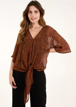 Blue Vanilla Chocolate Tie Front V Neck Blouse