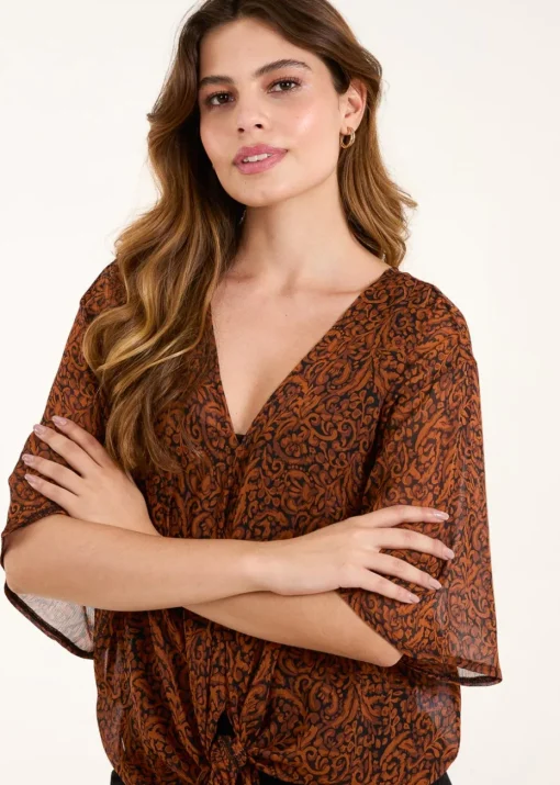 Blue Vanilla Chocolate Tie Front V Neck Blouse