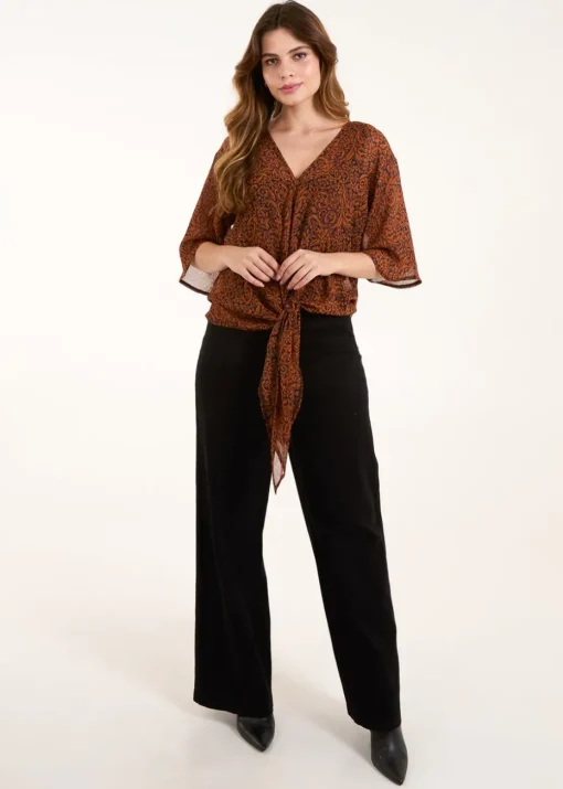 Blue Vanilla Chocolate Tie Front V Neck Blouse