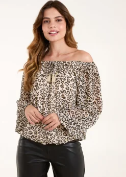 Blue Vanilla Cream Bardot Elastic Neckline Leopard Tassel Top