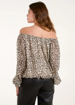 Blue Vanilla Cream Bardot Elastic Neckline Leopard Tassel Top