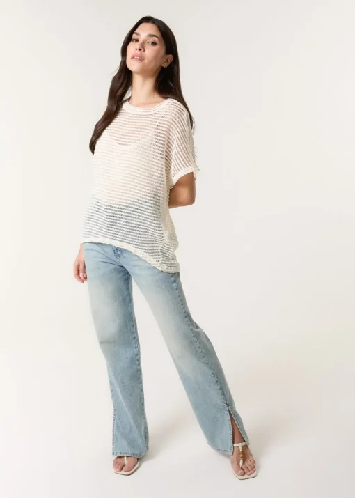 Blue Vanilla Cream Crochet Batwing Oversized Top