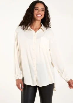Blue Vanilla Cream Embellished Collar & Cuff Satin Shirt