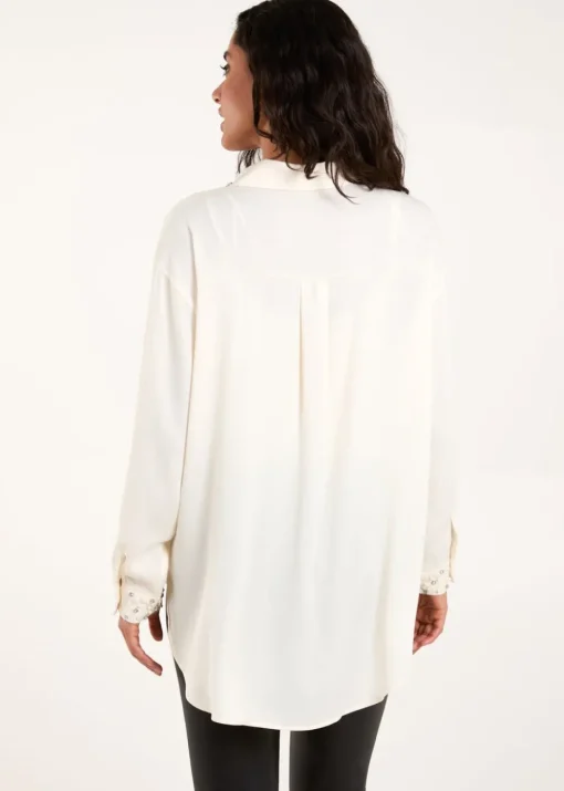 Blue Vanilla Cream Embellished Collar & Cuff Satin Shirt
