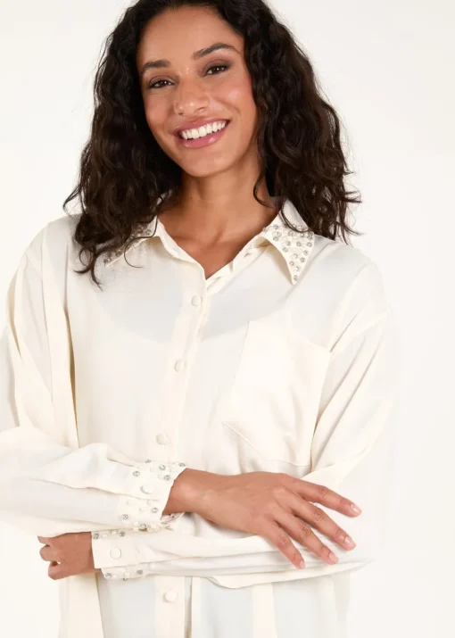 Blue Vanilla Cream Embellished Collar & Cuff Satin Shirt