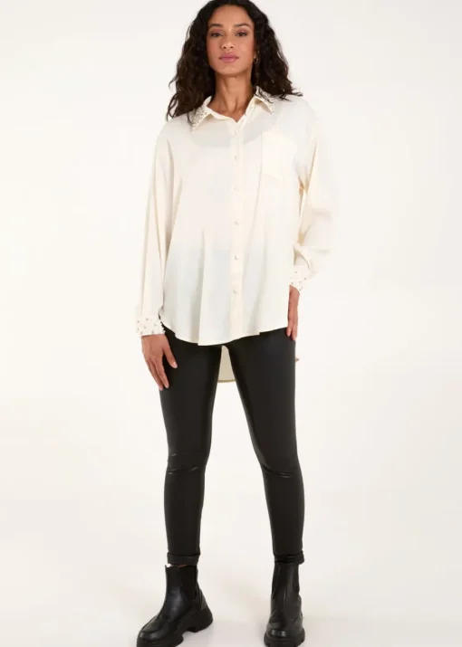 Blue Vanilla Cream Embellished Collar & Cuff Satin Shirt