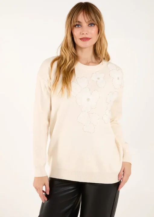 Blue Vanilla Cream Flower Diamante Jumper