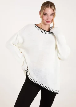 Blue Vanilla Cream Stitch Edge Round Neck Jumper