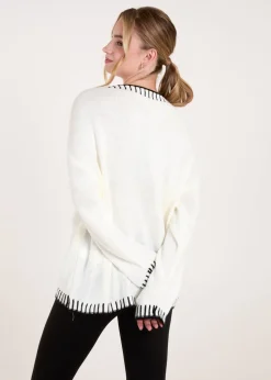 Blue Vanilla Cream Stitch Edge Round Neck Jumper