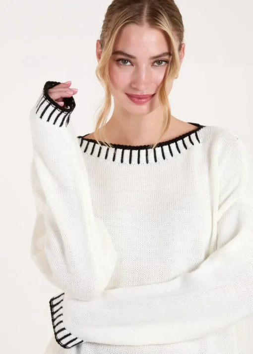 Blue Vanilla Cream Stitch Edge Round Neck Jumper