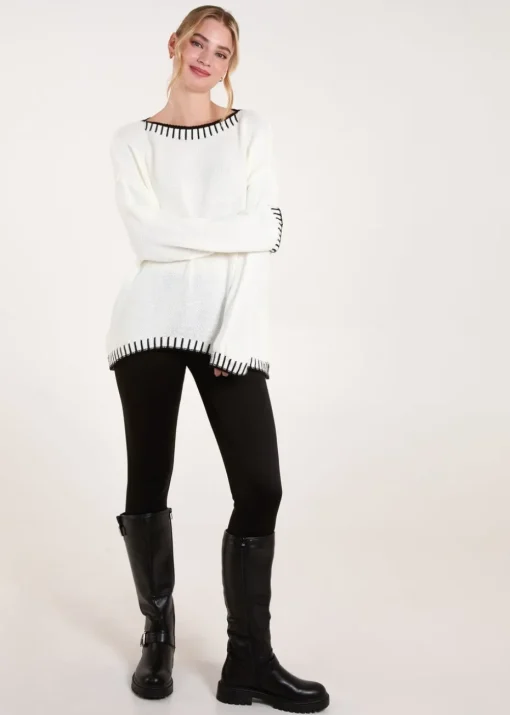 Blue Vanilla Cream Stitch Edge Round Neck Jumper