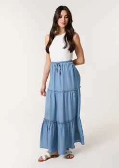 Blue Vanilla Denim Beaded Tiered Midi Skirt