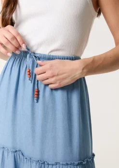 Blue Vanilla Denim Beaded Tiered Midi Skirt