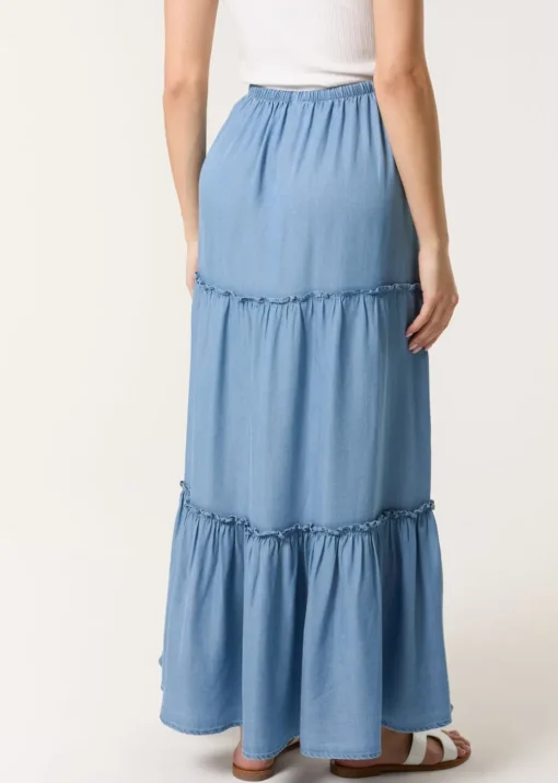 Blue Vanilla Denim Beaded Tiered Midi Skirt
