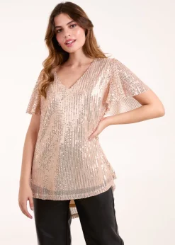 Blue Vanilla Gold Angel Sleeve V Neck Sequin Top