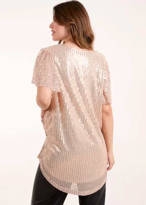 Blue Vanilla Gold Angel Sleeve V Neck Sequin Top