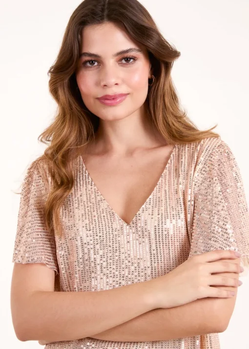 Blue Vanilla Gold Angel Sleeve V Neck Sequin Top