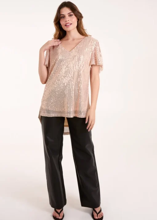 Blue Vanilla Gold Angel Sleeve V Neck Sequin Top