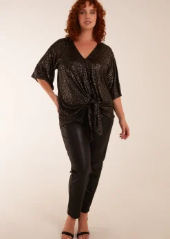 Blue Vanilla Gold Curve Leopard V Neck Tie Front Top